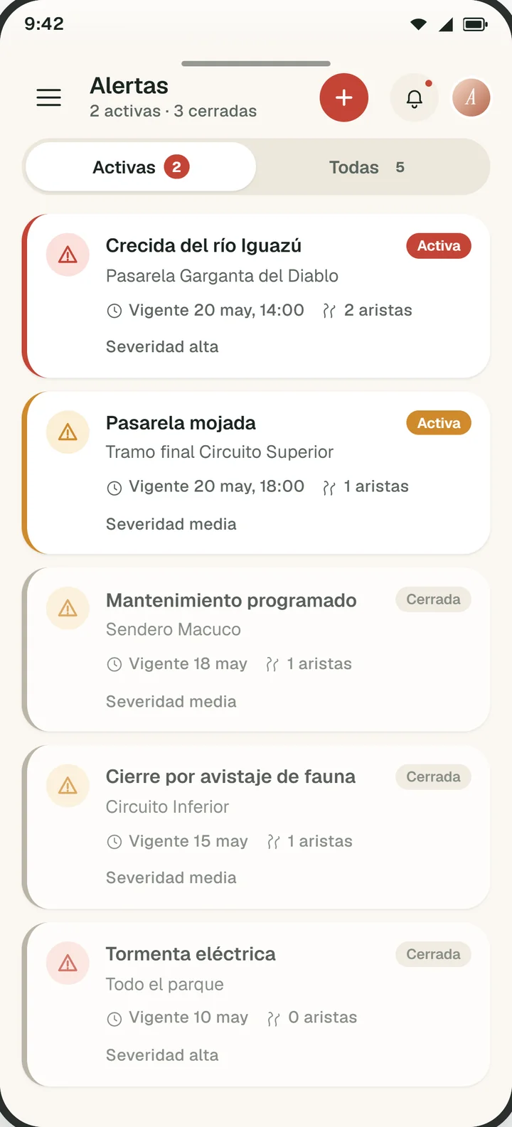 Lista de alertas activas y cerradas