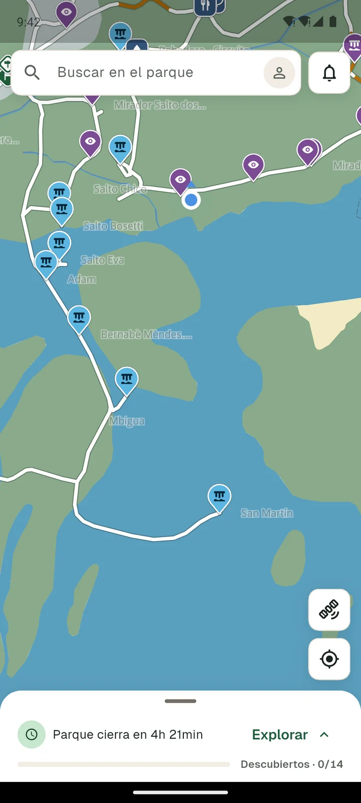 Mapa del parque con los saltos del Circuito Superior marcados