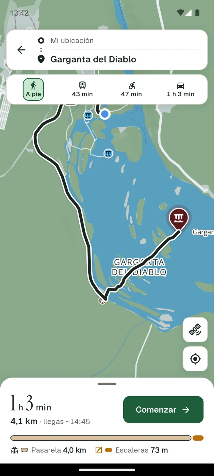 Ruta a la Garganta del Diablo con los cuatro modos: a pie 1 h 3 min, en tren 43 min, accesible 47 min, en auto 1 h 3 min